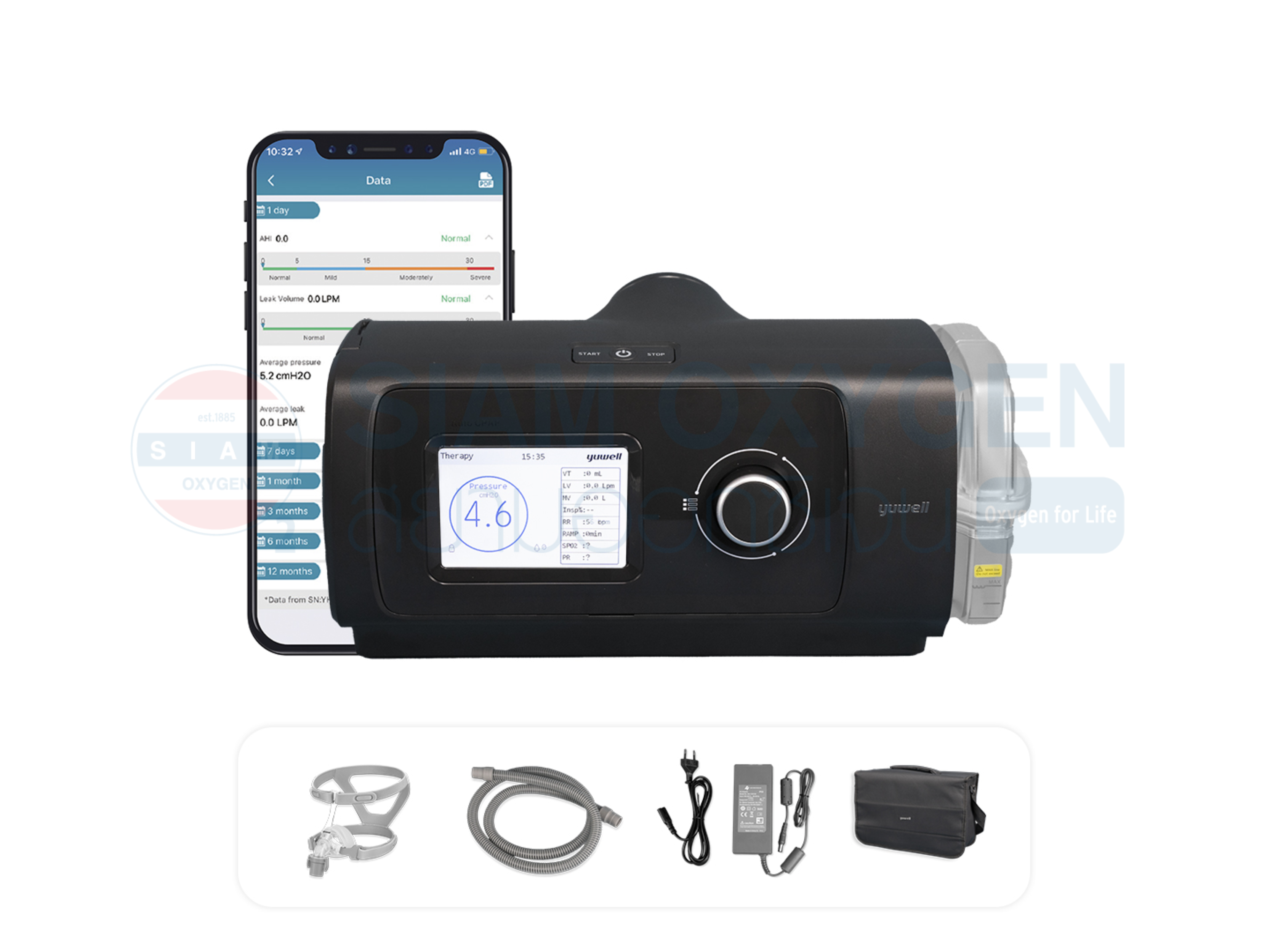 เครื่องช่วยหายใจ Auto Cpap Yuwell รุ่น YH-480 สีดำ Option Heated Tube ท่อคงความร้อน